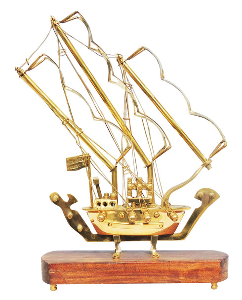 Brass Table Ship With Wooden Base 1.046kg